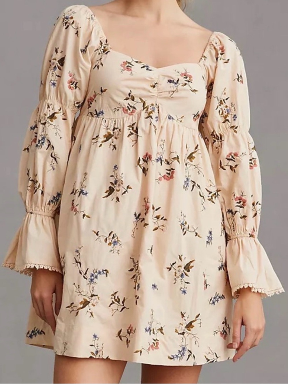 Anthropologie Cream Floral Sweetheart Babydoll Mini Dress. Medium.